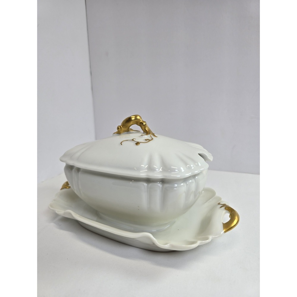 Antique H&C Porcelain Pumpkin Tureen Covered Dish Platter Gold Trim Handles